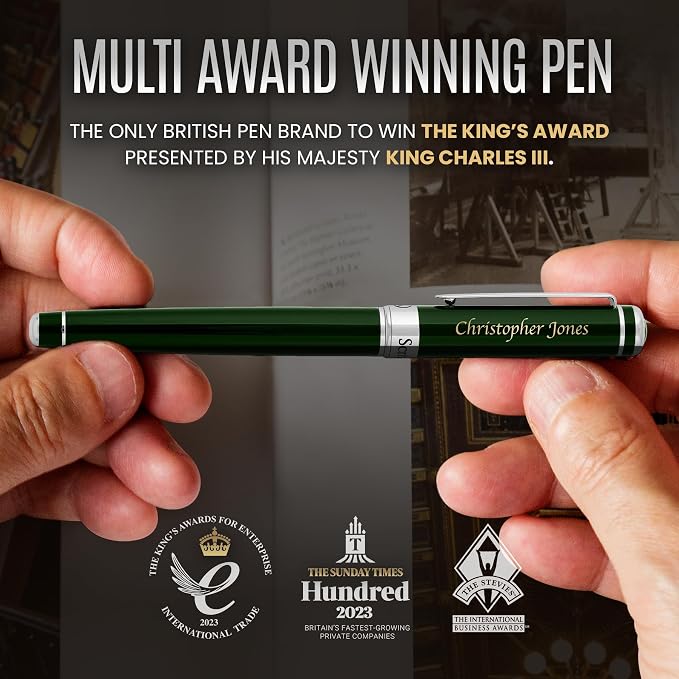 Scriveiner Personalized British Racing Green Rollerball Pen - Stunning Green Lacquer Luxury Pen with Chrome Finish, Schmidt Ink Refill, Engraved Roller Ball Gift Set for Men & Women, Custom Engraving