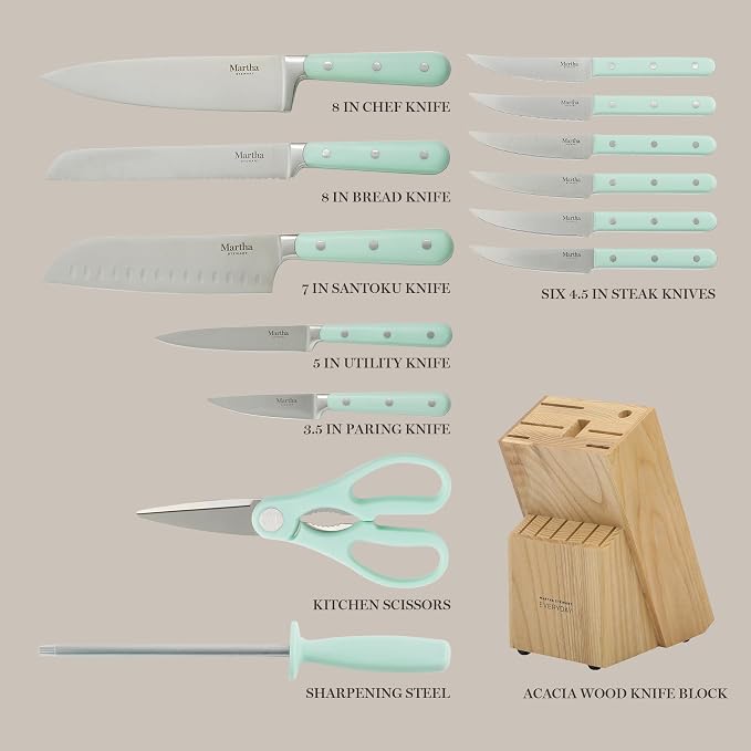 MARTHA STEWART Eastwalk 14 Piece High Carbon Stainless Steel Cutlery Knife Block Set w/ABS Triple Riveted Forged Handle Acacia Wood Block - Martha Blue