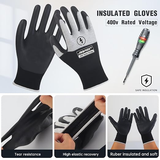 Electrical Insulated Gloves,Voltage Resistance Electrician High Voltage Insulation Work Gloves Flame Retardant & Rubber Non-Slip Grip for Electrical Work (Black and White, 400V-6PC)