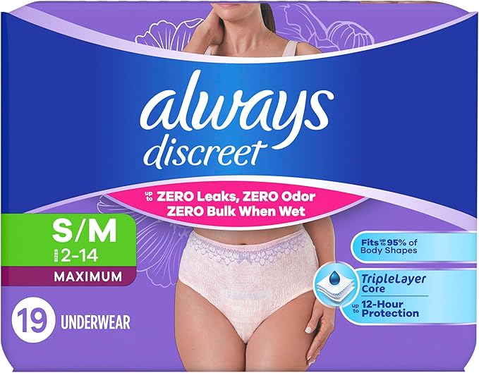 Always Discreet Adult Diapers for Women, Incontinence Underwear, Postpartum Essentials, Disposable Briefs, Max Absorbency, Bladder Leak Protection, Small/Medium, 19ct