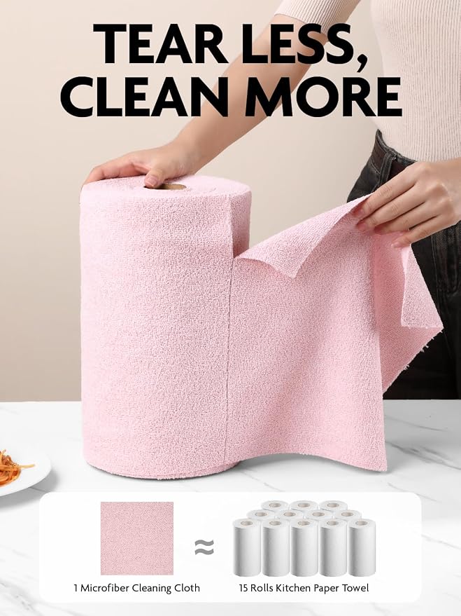 Fantasticlean Microfiber Cleaning Cloth Roll -150 Pack, Tear Away Microfiber Towels, 12" x 12", Reusable, Washable, Ultra Absorbent Dishcloth for All-Around Cleaning Supplies (Pink & Lavender)