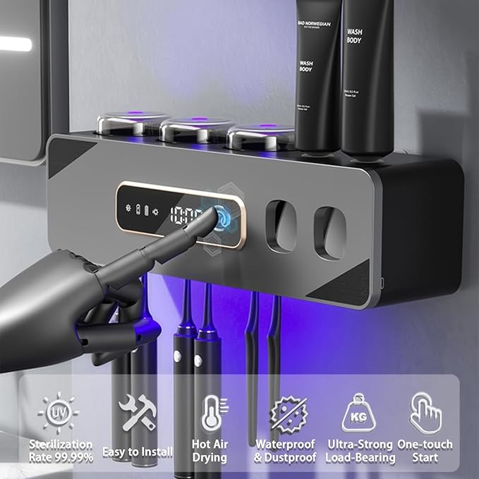 Generic Toothbrush Holder for Bathrooms, Toothbrush Holder with Automatic Toothpaste Dispensers, Smart Drying and Cleaning, Easy Installation, Rust-Resistant, and Hygienic (Black)