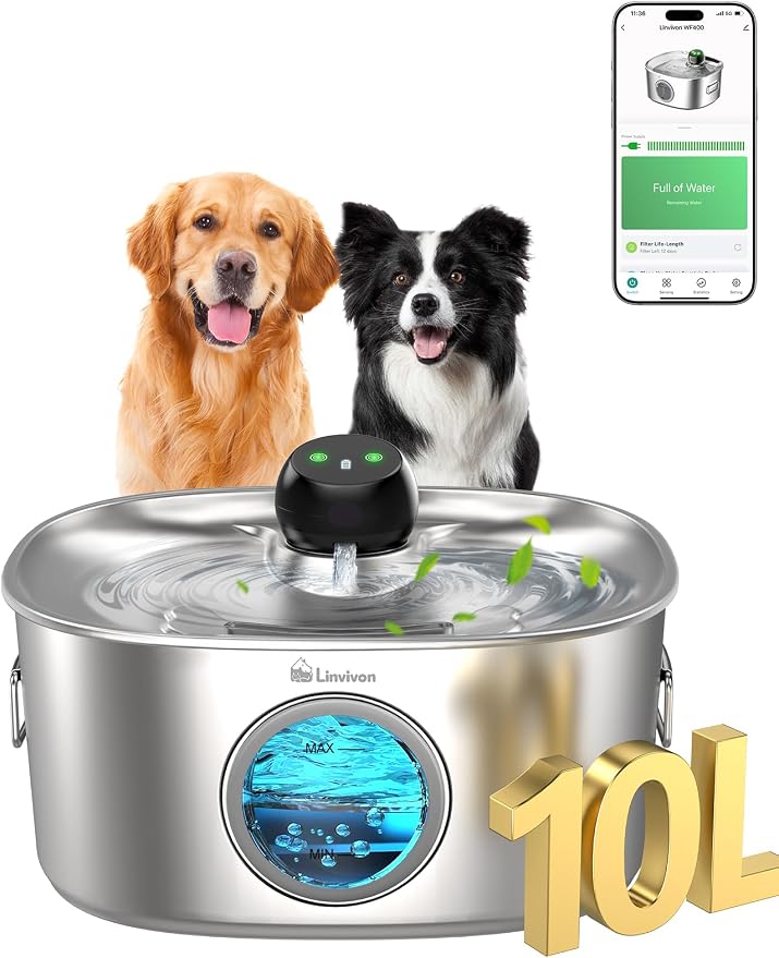 Stainless Steel Dog & Cat Water Fountain for Large Dogs and Cats | 10L /2.64Gal Cordless Dog Water Bowl Dispenser with 2.4G WiFi, Multi-filtered, Ideal for Multi-Pet Home