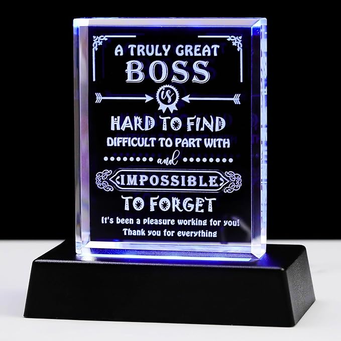 Movdyka Boss Gifts for Men Women Crystal Keepsake Best Boss Ever Appreciation Gifts for Boss Lady Christmas Boss Day Desk Decoration with Led Base