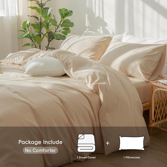 MooMee Bedding Duvet Cover Set 100% Washed Cotton Linen Like Textured Breathable Durable Soft Comfy (Solid Sandy Beige, Twin 68"x90")