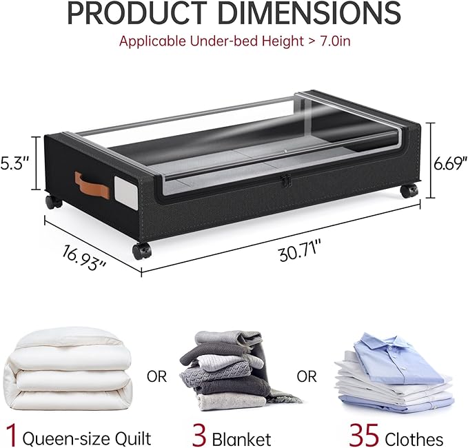 Yecaye 60 L Under Bed Storage with Wheels, 2 Pack Under Bed Storage Containers, Underbed Shoe Storage with Clear Window & Label, Rolling Under Bed Metal Drawer for Clothes, Shoes, Books, Black