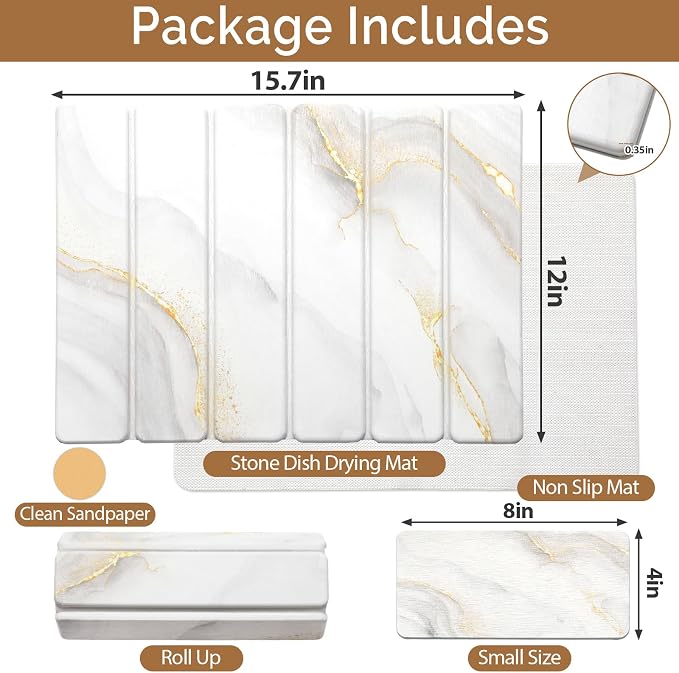 Small Stone Dish Drying Mat for Kitchen Counter, 15.7"×12" & 8"x4" Quick Dry Stone Mats, Foldable Water Absorbing Diatomaceous Earth Drying Dish Pad for Countertop Bottles Utensils Cup(Gold White)