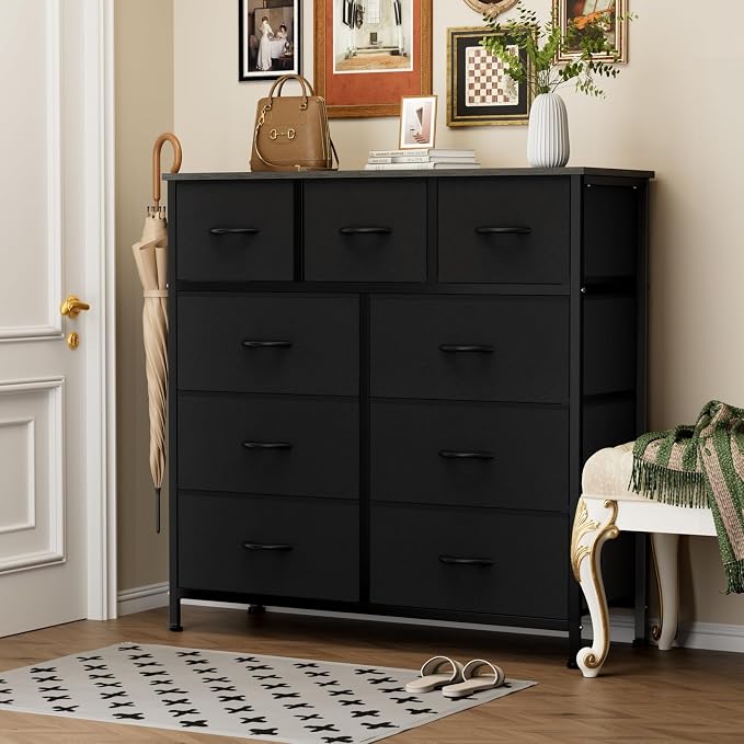 Sweetcrispy 9-Drawer Fabric Dresser Storage Tower with Wood Top and Steel Frame, Organizer Chest with Easy Pull Handles for Bedroom, Closet, Hallway,Classic Black