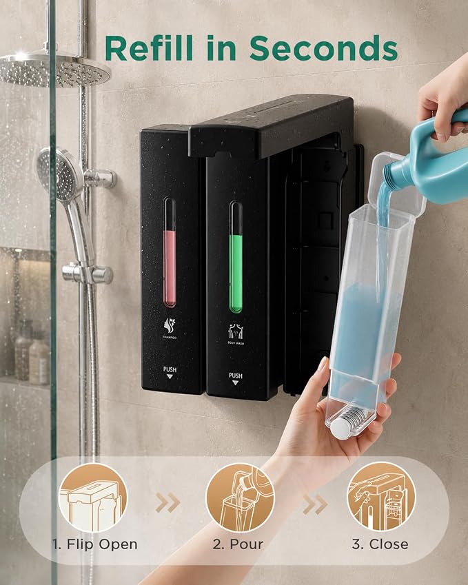Shampoo and Conditioner Dispenser Wall Mounted, 3-Chamber Shower Soap Dispenser for Bathroom, 1200ML Large Capacity, No-Drill Installation, Clog-Free Pump for Thick Liquids (black-3-pack)
