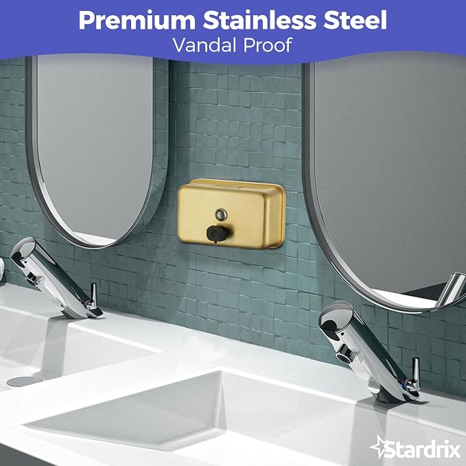 Stardrix Brushed Gold Stainless Steel Horizontal 1100ml/37oz Capacity Commercial-Grade Soap Dispenser, Wall-Mounted Bathroom Hand Soap Dispenser with Corrosion-Proof Lining and Anti-Leak Pump