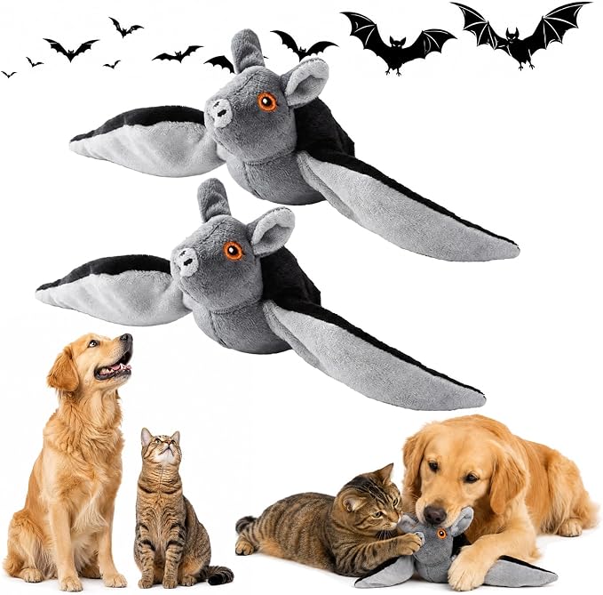 Flying Bat Toy for Dogs & Cats Realistic Bat Flight Flapping Wings Interactive Pet Toy with Chirping Mimics Real Flying Motion Detachable USB Rechargeable Hanging and Ground Play，2sets
