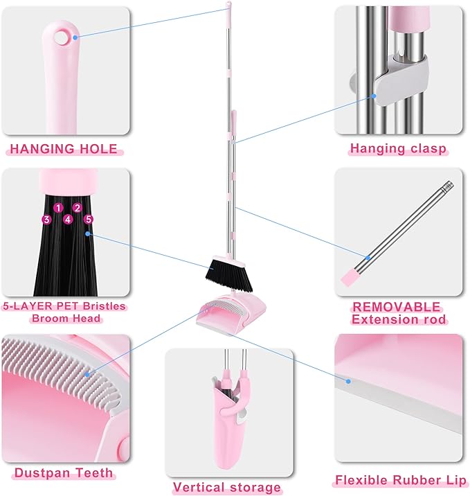BSKLIN Broom and Dustpan Set for Home, 52" Long Handle Standing Broom Set with Dustpan Self-Cleaning Teeth for Hair Removal Heavy Duty Indoor Outdoor Sweeping Kit for Kitchen Garage (Pink)