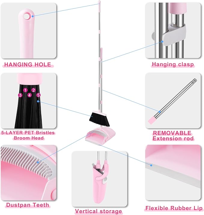 Pink Broom and Dustpan Set for Home, 52-in Long Handle Broom with Dustpan Combo with Dustpan Teeth Easy to Scrape Off Pet Hair, Indoor&Outdoor Sweeping（Pink）