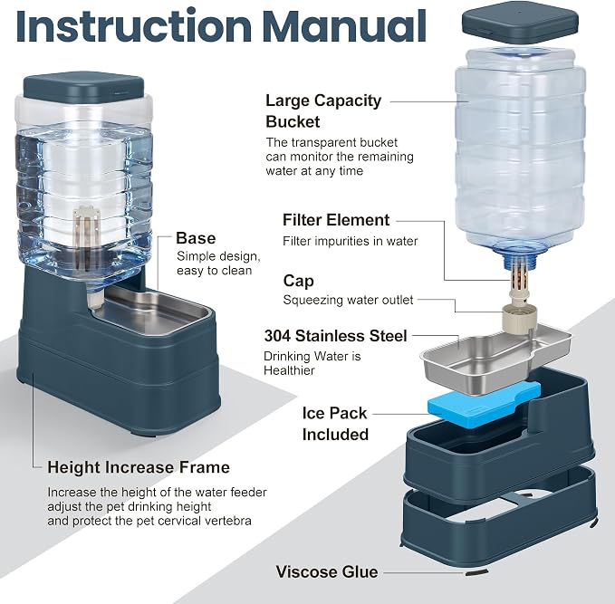 Auto Dog Water Dispenser with Stainless Steel Bowl Feeder for Pets | Automatic Cat Water Dispenser Gravity Water Feeder Dog Waterer for Puppy Kitten Pets (Include Filter &Ice Pack) 2.2Gal Navy