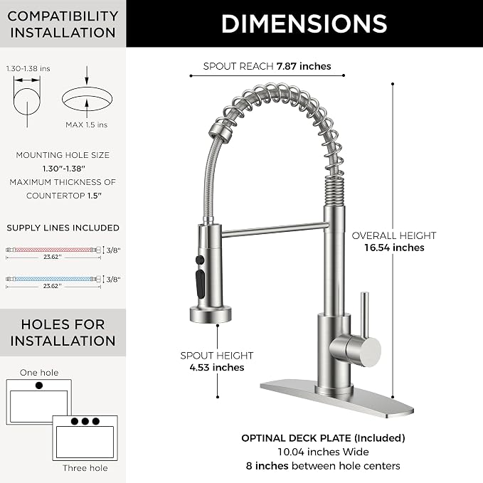 FORIOUS Kitchen Faucets with Sprayer, Brushed Nickel Stainless Steel Sink Faucet Single Handle with Deck Plate, Commercial Classic Spring Faucet for Kitchen Sink, Bar & Prep Sinks, Laundry RV Camper