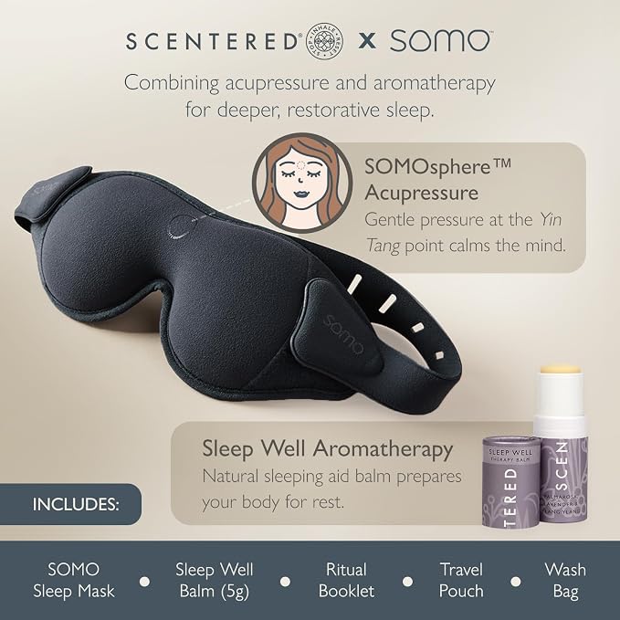 Scentered x SOMO Luxury Blackout 3D Sleep Mask for Side Sleepers & Sleep Well Aromatherapy Balm - Acupressure Eye Mask with Eyelash Space, Hypoallergenic - 4-in-1 Sleep Gift Set with Pouch & Wash Bag