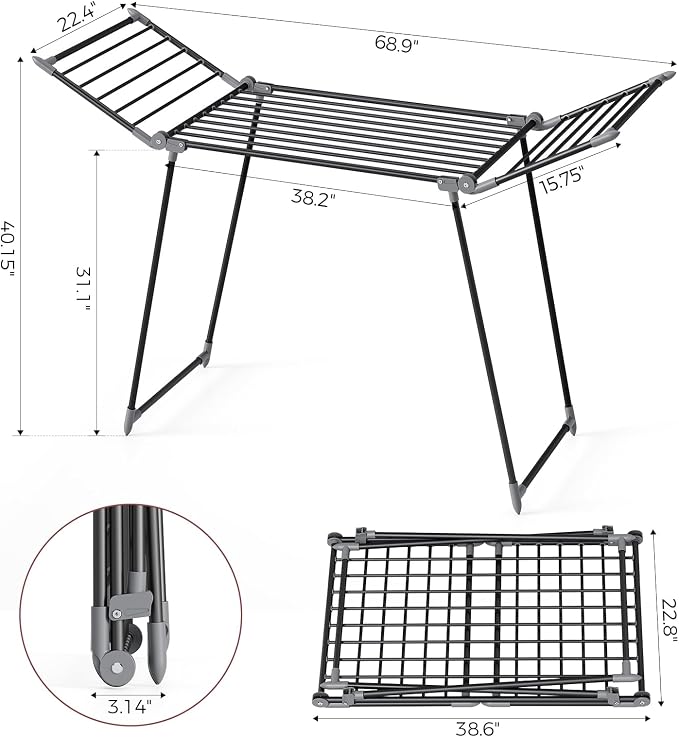 APEXCHASER Clothes Drying Rack Foldable, Large Drying Rack Clothing, Winged Laundry Rack Folding Indoor Outdoor, Metal Clothes Airer for Bedding Towel Sweater Heavy Duty, 68.9" X 22" X 41.3", Black