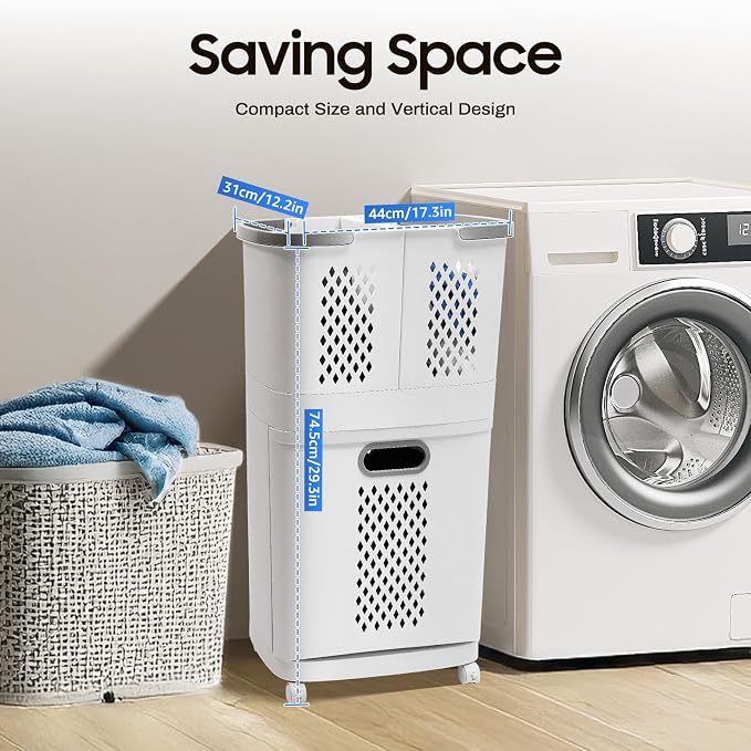 2 Tier Rolling Laundry Basket Cart Removable Laundry Basket with Wheels Household Storage Baskets for Home Kitchens Bathrooms Bedrooms Laundry Rooms Dorms (White)