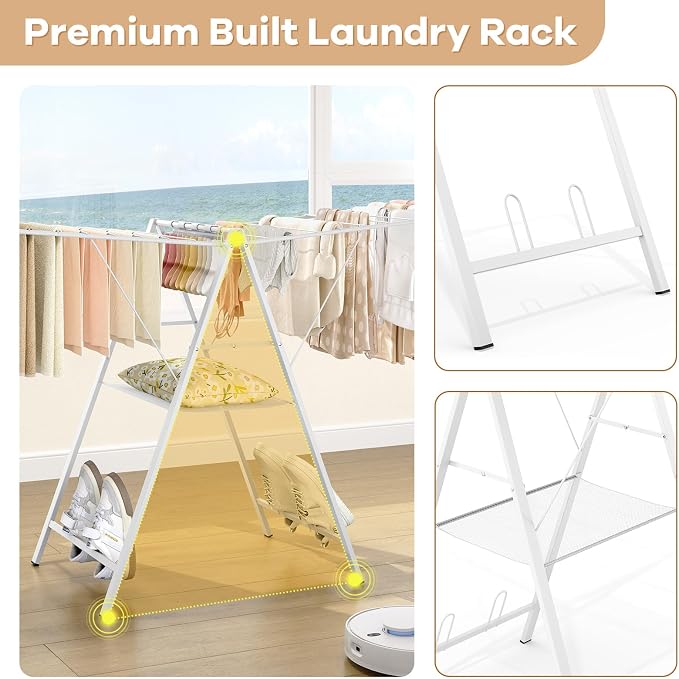 6 Height Adjustable Clothes Drying Rack with Shoe Slots, White | Pre-Assembled, Stable Load Structure, 22 Drying Rails, Foldable Space-Saving For Efficient Indoor & Outdoor Airflow Drying