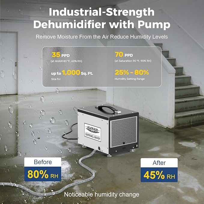 ALORAIR Wi-Fi Crawl Space and Basement Dehumidifier, 70 Pint with Pump, Auto-Defrost, Covers Up to 1000 Sq Ft, Memory Start, cETL Listed, Commercial Grade