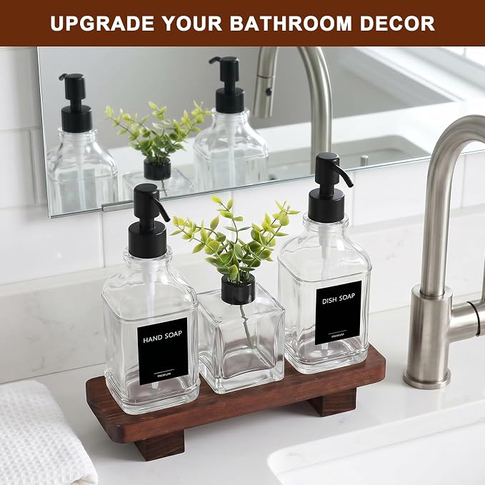 Kitchen Soap Dispenser Set with Wood Tray, Clear Glass Soap Dispenser with Pump, Decorative Hand and Dish Soap Dispenser Set, Soap and Lotion Dispenser Upgrade for Kitchen and Bathroom Decor