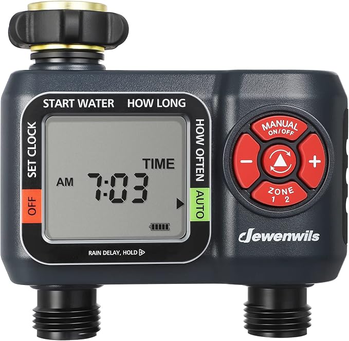 DEWENWILS 2-Zone Water Hose Timer – Programmable Sprinkler Timer with Rain Delay, Manual Watering & Auto Irrigation for Garden, Yard, or Lawn