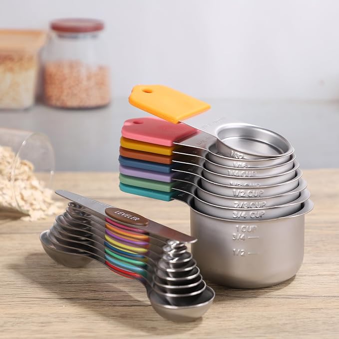 Magnetic Measuring Cups and Spoons Set Including 8 Stainless Steel Stackable Magnetic Measuring Cup 8 Magnetic Measuring Spoon with Leveler for Dry Liquid Ingredient