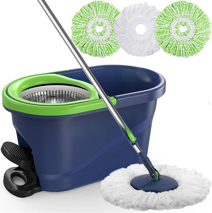 Spin Mop and Bucket with Wringer Set, 360° Rotating Microfiber Mop, Adjustable Handle, Hands-Free Wringing, Reusable Mop Heads (Green mop and Bucket + 3 mop Head)