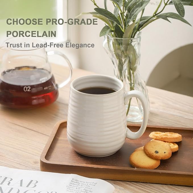 HASENSE Coffee Mugs, 15oz Ceramic Coffee Cups Set of 4, Clay-Infused White | Large Tea Cup with Comfortable Handle for Milk Cocoa Cappuccino, Prefect for Women Men Gift Dishwasher Microwave Safe