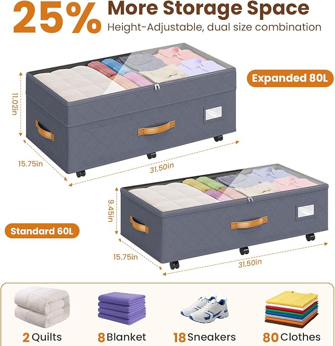 80L 2 Pack Adjustable Under Bed Storage Containers with Wheels | Rolling shoe storage organizer with clear lids and label for dorm home clothes, blankets, toys, easy to install, grey
