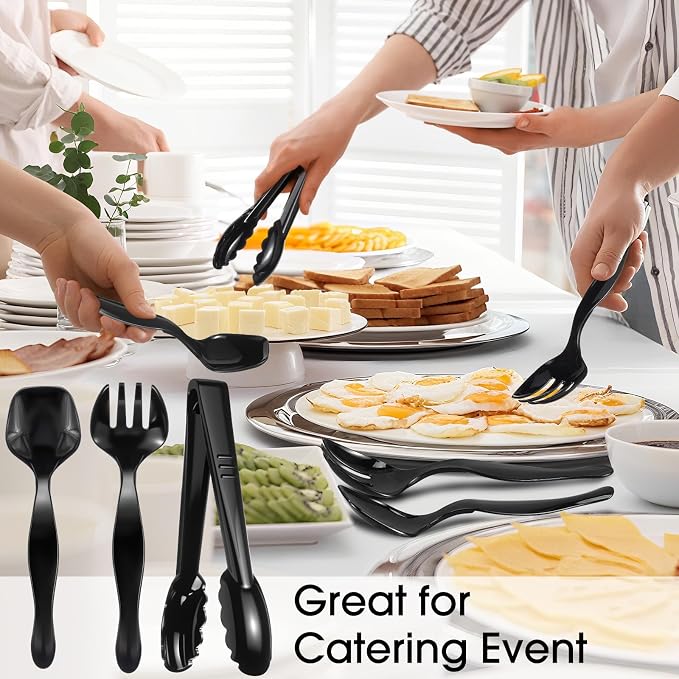 Patelai 96 Pcs Plastic Serving Utensils Disposable Black Serving Spoons Forks Tongs Heavy Duty Party Utensils for Dinner Parties, Buffets, Banquets, Birthday, Weddings and Daily Use