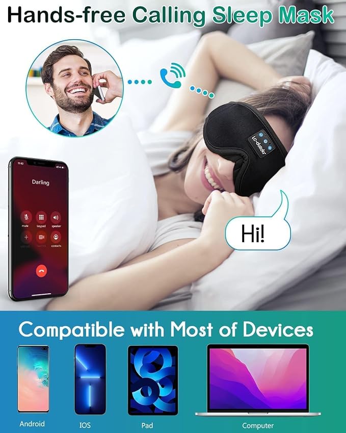 Sleep Mask with Headphones Bluetooth 5.4, LC-dolida Wireless Music Eye Mask for Sleeping Headphones with Soft Silk Cooling Breathable,Ultra-Thin Stereo Speaker for Side Sleepers-Raven