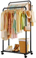 Sakugi Clothes Rack - Double Rods Clothing Rack with Mesh Shelf, Hooks & Wheels, Metal Clothing Racks for Hanging Clothes & Bags, Multifunctional Garment Rack for Laundry, Black, 28.7" x 16.5" x 59.1"