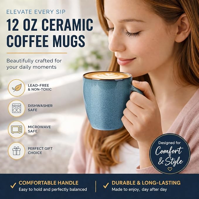 GBhome Ceramic Coffee Mugs Set of 6, 12oz Stoneware Coffee Mugs Set For Dad Mom Women MEN, Light Weight Ceramic Coffee Cups for Latte/Tea/Beer/Hot Cocoa, Dishwasher & Microwave Safe