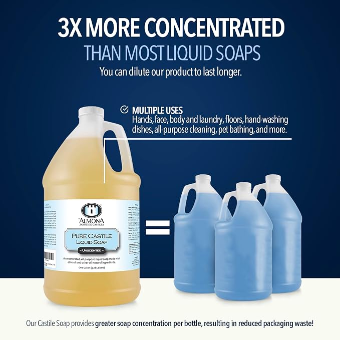 La Almona - Pure Castile Liquid Soap, PEPPERMINT, 1 Gallon - Multipurpose: Hands, Face, Body, Laundry, Dishes & More - For Sensitive Skin, Natural Ingredients, Scented with Essential Oils