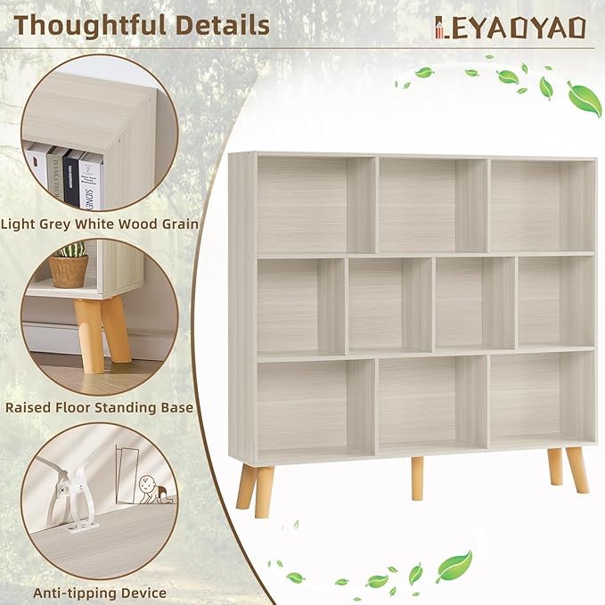 LEYAOYAO 10 Cube Bookshelf,Mid-Century Modern Bookcase with Legs,Light Grey | 3 Tier Book Shelf,Rustic Wood Bookshelves Freestanding Large Storage Organizer, Open Shelves for Bedroom, Living Room, Office