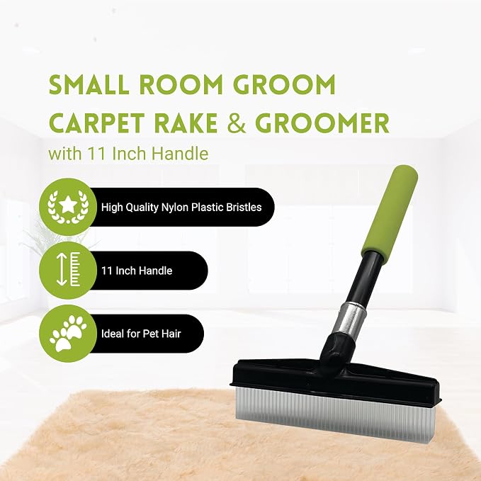 Small Room Groom Carpet Rake, 11" Handle, Portable Carpet Brush for Pet Hair, High Pile Rugs, Stairs, Furniture & Artificial Turf, Compact Groomer Tool