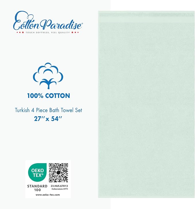 Cotton Paradise 100% Cotton Turkish Towel Set, Soft Absorbent Quick Dry, 4 Piece Bath Towel Set, Mint Green