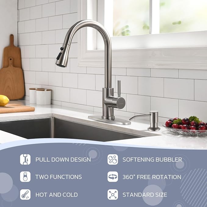 WEWE Kitchen Faucet with Soap Dispenser and Pull Down Sprayer, RV Single Handle Classic 3 Modes Stainless Steel Faucet for Kitchen Sink, RV, Stainless Steel
