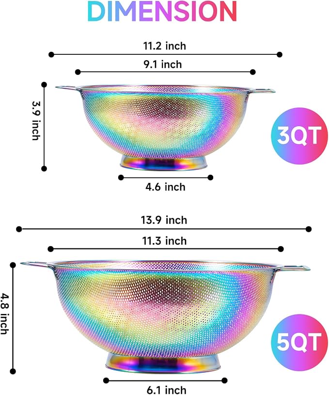 Rainbow Strainer for Kitchen, 3QT, Stainless Steel Colander with Handle for Fruits Vegetables Cooking Food, Dishwasher Safe