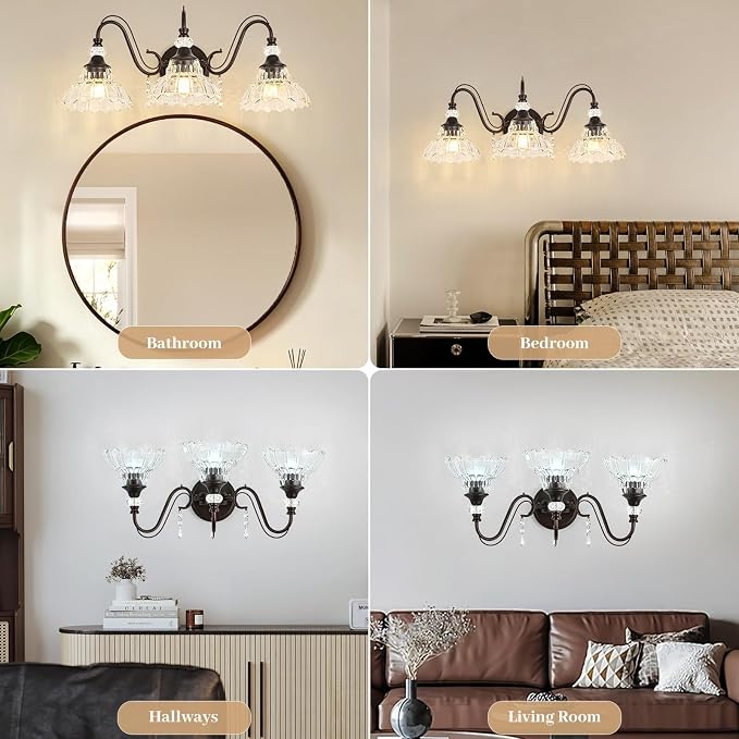 Vintage Bathroom Vanity Light, 3-Light Oil Rubbed Bronze Finish Wall Sconce with Hanging Crystal Accents and Flower-Shaped Clear Glass Shades, Retro Wall Mount Vanity Light Over Mirror for Bathroom
