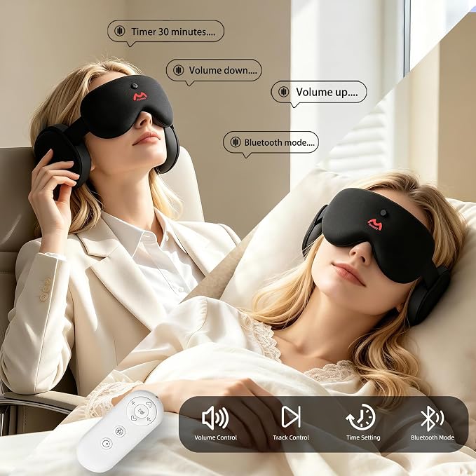 Bluetooth Sleep Mask with White Noise, Bluetooth 5.4 Sleep Headphones Eye Mask, 100% Blackout Sleep Mask, Voice Control, Soft Earmuffs, Comfortable for Travel, Meditation & Side Sleepers