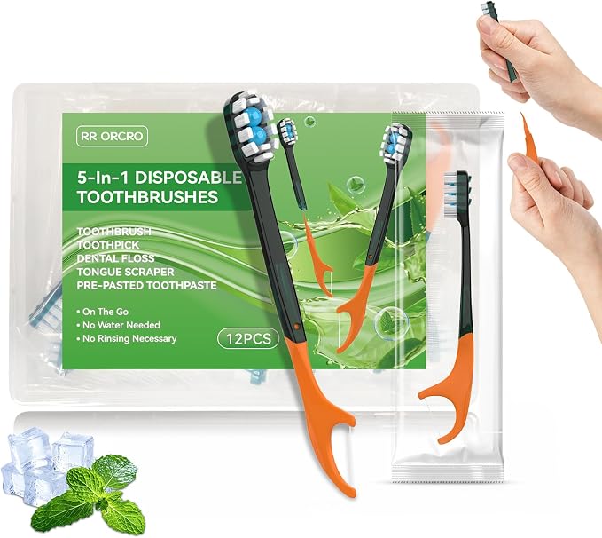 12Pack Disposable Toothbrushes with Toothpaste Pick Floss & Tongue Scraper | 5-in-1 Mini Prepasted Travel Toothbrush for Hotel Camping Flight Car Single Use Portable Individually Wrapped | Mint
