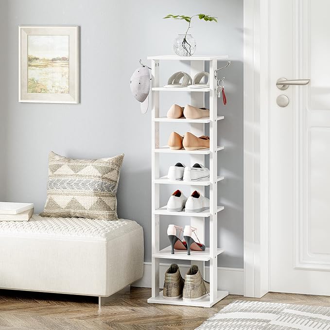 HOOBRO 8 Tiers Vertical Shoe Rack, Wooden Shoe Storage Organizer with Hooks, Narrow Shoe Tower for 8 Pairs, Space Saving, for Entryway, Living Room, Bedroom, White WT07XJ01G1