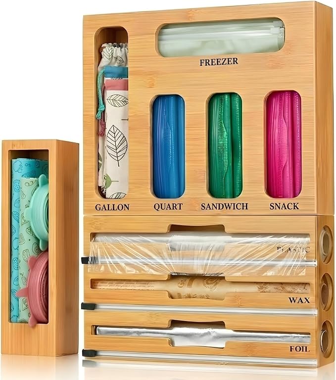 9 IN 1 Storage Bag Organizer for Kitchen Drawer - Wall Mounted | Bamboo Foil and Plastic Wrap with Cutter, Ziplock Bag Organizer for Gallon, Sandwich & Snack Bags - Aluminum Foil Organizer