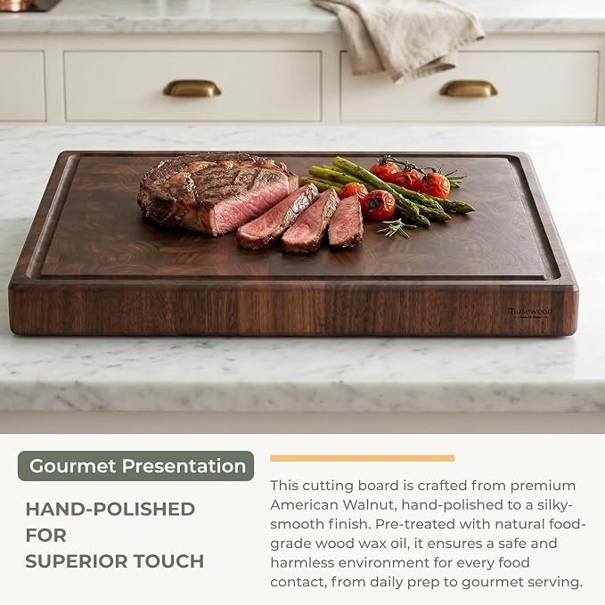 muso wood End Grain Cutting Board, Black Walnut Wood, 2" Thick Dual-Sided Wooden Chopping Board with Juice Groove & Handle - Idea for meat cutting, vegetable dicing, and fruit processing, 20 x 15 inch