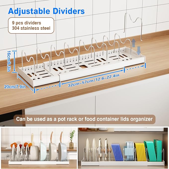Mustorn Pots and Pans Organizer Under Cabinet, 22" Expandable Food Storage Container Lid Organizers with 9 Adjustable Dividers Pot and Pan Lid Holders Rack Inside Cabinet/Countertop(1 Pack, White)