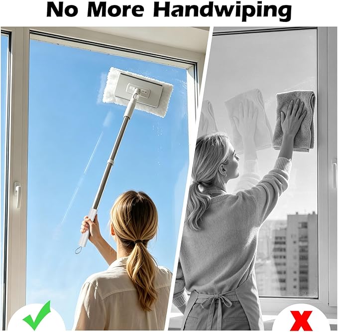 Masthome Snap Grip Mini Mop with Built-in Squeegee, Zero Touch Cloth Changing Dust Mop, 360° Swivel Head Small Mop for Walls, Bathroom Corners, Windows, Includes 1 Reusable Cloth