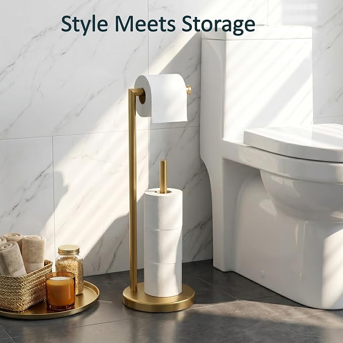 FORIOUS Toilet Paper Holder Stand, Modern Freestanding Tissue Roll Holder for Bathroom, Durable 304 Stainless Steel and Weighted Base Toilet Paper Stand, toilet paper storage for 4 Rolls, Brushed Gold