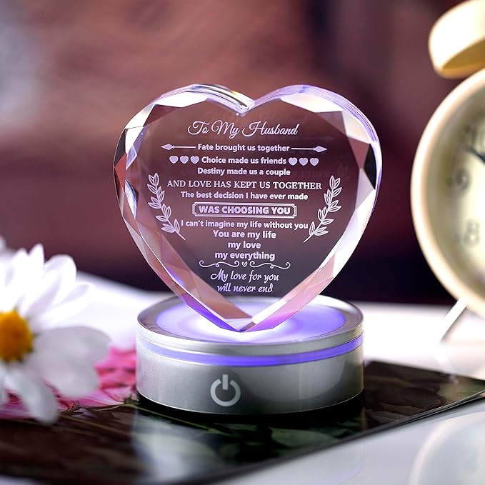 Gifts for Husband Crystal with Colorful LED Base, Cool Anniversary Birthday Gifts for Men, Husband Birthday Gifts from Wife, Crystal Keepsakes Romantic Gifts for Wedding Valentine's Day